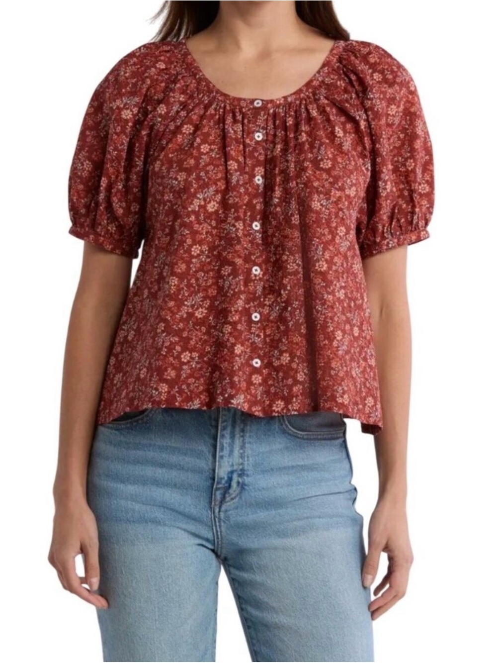 Madewell Emilina Mahogany Floral Cotton Puff Sleeve top size Large